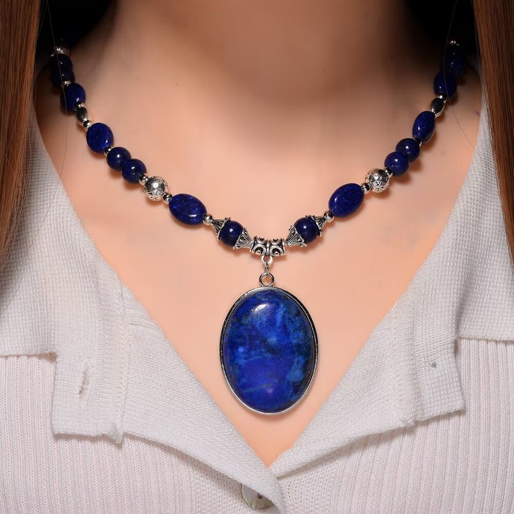 NEW Lapis Lazuli 300.00 ctw Beaded Necklace & Pendant in Silverstone 18-20 In.